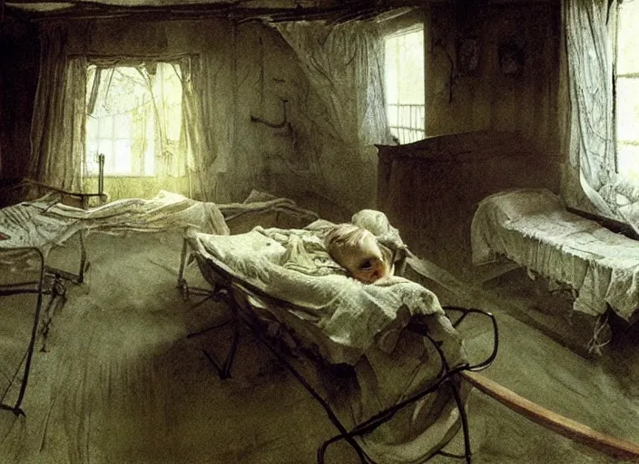 Image similar to poor child in a coma in a dirty makeshift hospital, painting by andrew wyeth and alan lee, very detailed, somber mood,