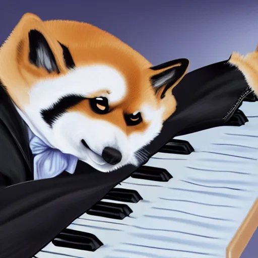 Image similar to shiba inu in a tuxedo playing a grand piano, digital art, 8 k, high detailed