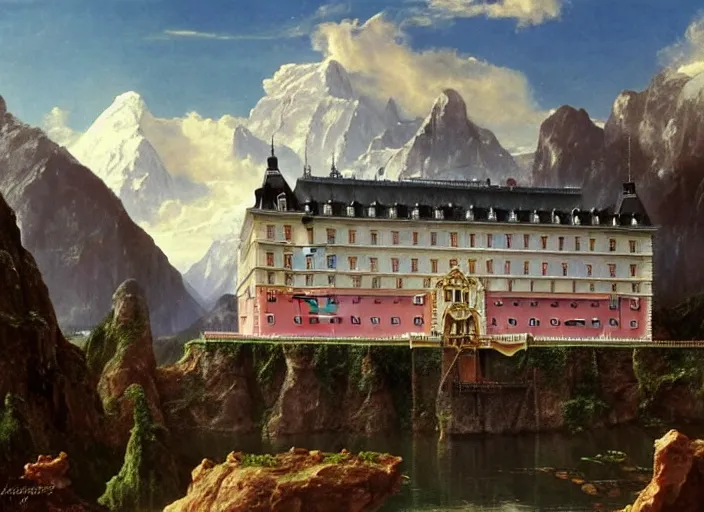 Prompt: painting of the grand budapest hotel in front of beautiful mountains by thomas cole