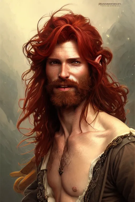 Prompt: portrait of a young ruggedly handsome but joyful pirate, male, masculine, full body, red hair, waist long hair, fantasy, intricate, elegant, highly detailed, digital painting, artstation, concept art, matte, sharp focus, illustration, art by artgerm and greg rutkowski and alphonse mucha