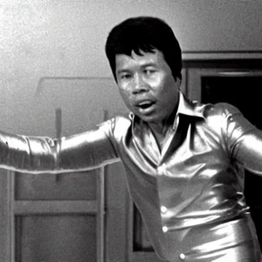 Image similar to A movie still of Pol Pot wearing a disco suit in Satuday Night Fever