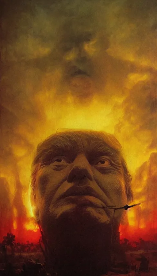 Image similar to donald trump's face close up on the apocalypse now poster, red sunset, snake river in the jungle, black helicopters, air brush, oil paint, radiant light, caustics, heroic, bright iridescent light, by gaston bussiere, bayard wu, greg rutkowski, maxim verehin