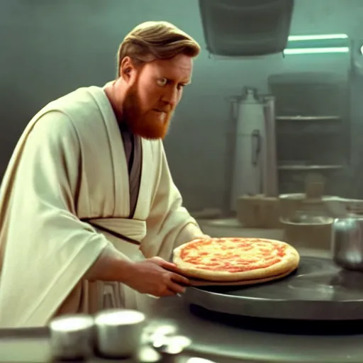 Image similar to A still of Obi-Wan Kenobi making a pizza, 4k, photograph, ultra realistic, highly detailed, professional lighting