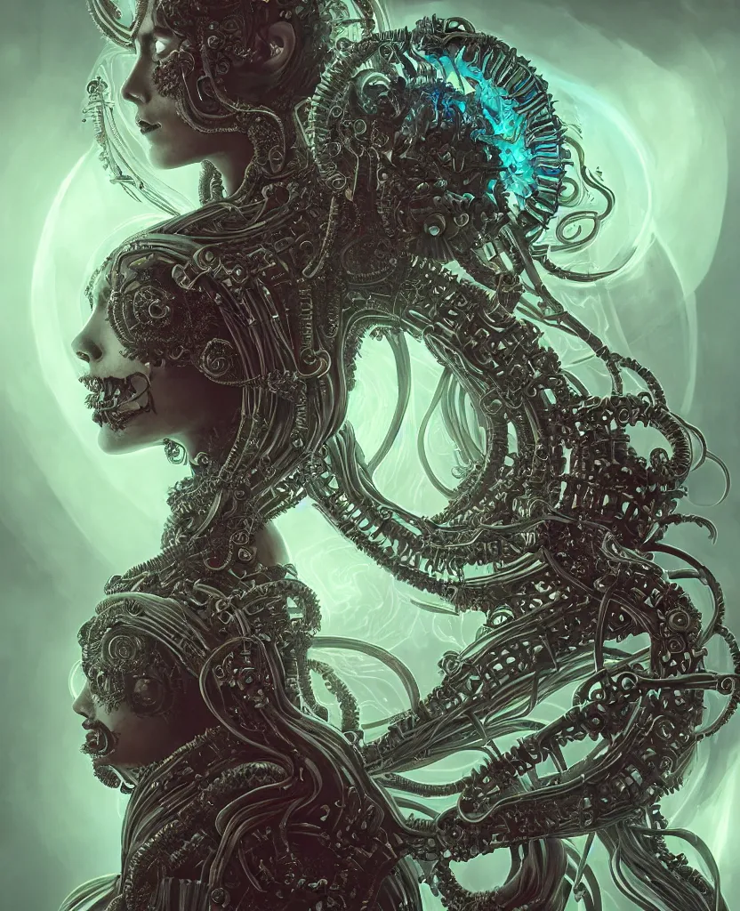 Image similar to queen of death. intricate portrait, occult cyberpunk, ancient futuristic, dark art, occult. intricate biomechanical, bioluminescent halo, cybernetic jellyfish, tentacles, by Petros Afshar, by artgerm, by Eddie Mendoza, by Peter mohrbacher by tooth wu, unreal engine, octane render, cinematic light, high details, iridescent colors