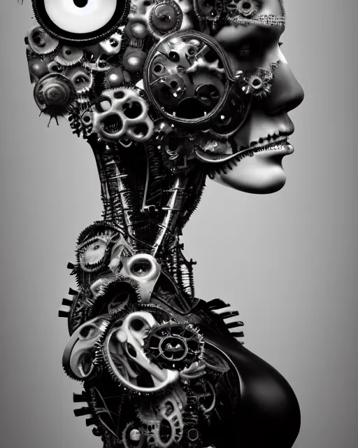 Image similar to black and white dreamy foggy profile face portrait, one steampunk eye biomechanical beautiful young female cyclope - cyborg - robot bust, body ribs meshes,, volumetric light, hibiscus flowers, by hg giger, rim light, by dora maar and cecile beaton, big gothic fashion pearl embroidered collar, 8 k