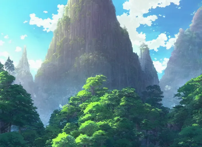 Prompt: A majestic cathedral in sunlight at the base of a mountain, peaceful and serene, incredible perspective, soft lighting, anime scenery by Makoto Shinkai and studio ghibli, very detailed