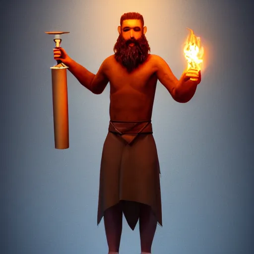 Image similar to award intense 27 year old Mediterranean skinned man in Ancient Canaanite tunic, holding a flaming torch, beard, short hair, Nighttime. action, violence, hyperdetailed, artstation, cgsociety, 8k
