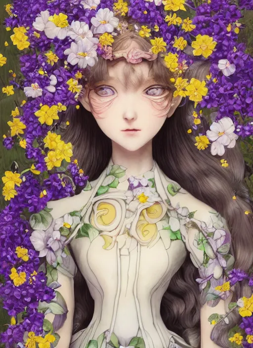 Image similar to elf girl wearing an flower suit, soft hair. light color palate, purple, yellow and white. detailed soft painting, ayami kojima, made in abyss, anatomically correct, ilya kuvshinov, inspired in balthus, high detailed face anime, vogue magazine, glorious composition, mobile wallpaper