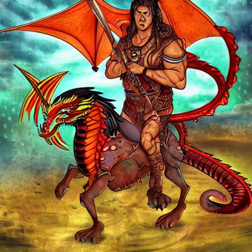 Image similar to full - color fantasy art by chris achilleos of a male barbarian riding a serpent - like dragon.