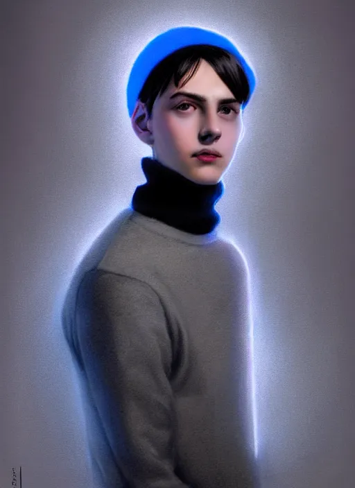 Image similar to portrait of teenage jughead jones wearing a light grey crown, crown, blue turtleneck, closed eyes, photorealistic, black hair, glowing lighting, intricate, elegant, glowing lights, highly detailed, digital painting, artstation, concept art, smooth, sharp focus, illustration, art by wlop, mars ravelo and greg rutkowski