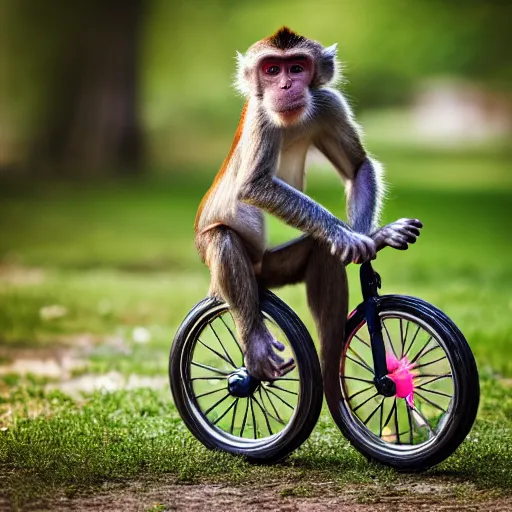 Prompt: photography of a monkey wearing a tutu riding a unicycle