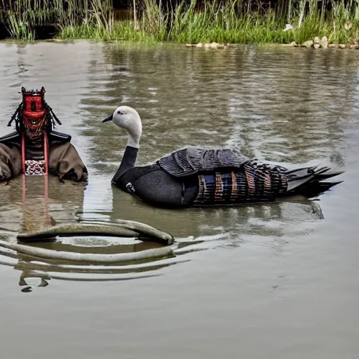 Prompt: photo of a hybrid between a samurai and a goose