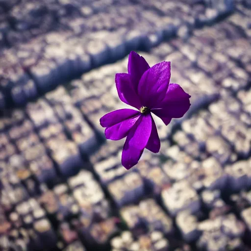 Image similar to closeup photo of purple flower petal flying above a city, aerial view, shallow depth of field, cinematic, 8 0 mm, f 1. 8