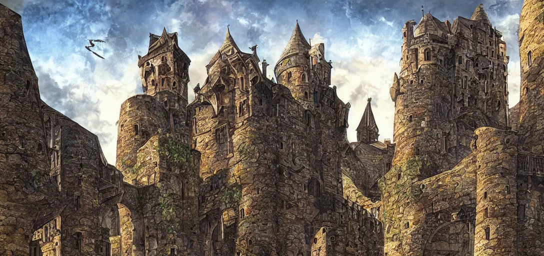 Prompt: huge medieval city, interesting rocky shaped terrain, digital art, art by craign mullin