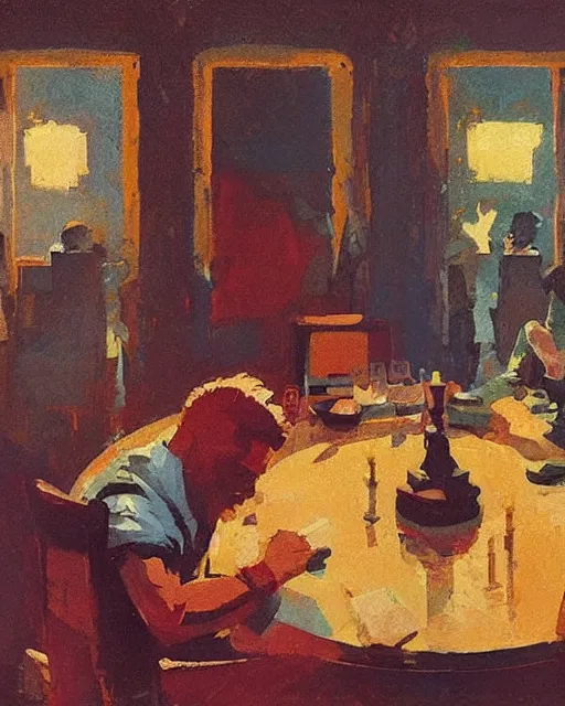 Image similar to a man and a woman sitting at a table, a screenshot roman muradov and paul lehr and dan mumford, trending on pinterest, barbizon school, movie still, hall of mirrors, filmic