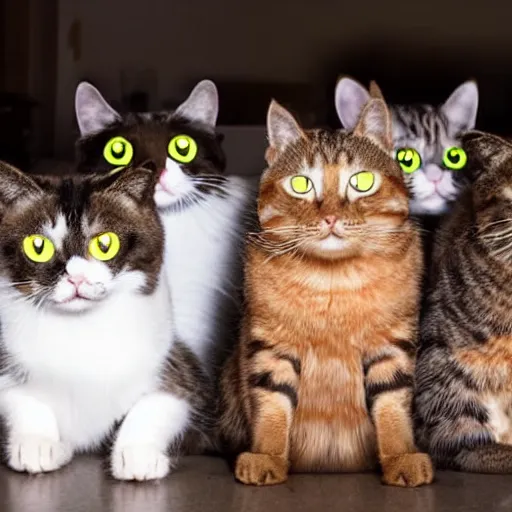 Prompt: a group of cats with glowing eyes staring at the camera, in a dark kitchen at night