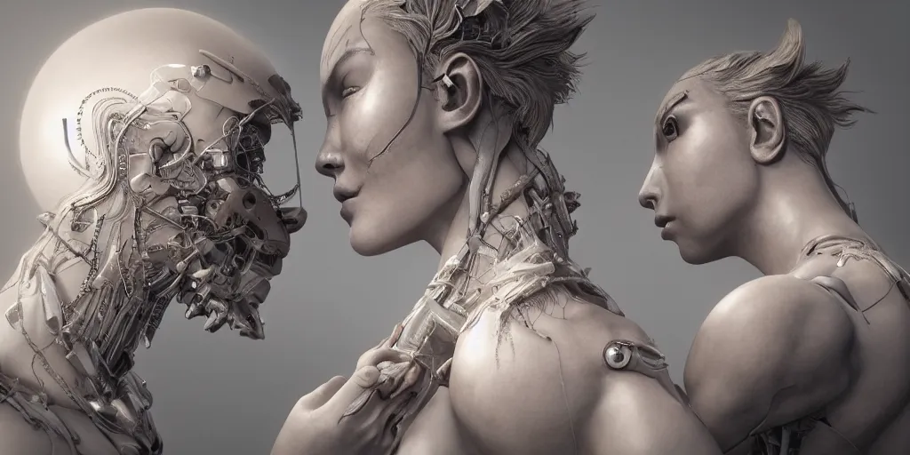 Prompt: hyperrealistic photography of a stunningly cyborg female, intimate, holding hands, kissing, in the style of beth cavener, jin kagetsu,, and wlop, highly detailed, intricate filigree, chrome face symmetry, masterpiece, award - winning, sharp focus, concept art, high key, ambient lighting, 8 k, octane render, artstation