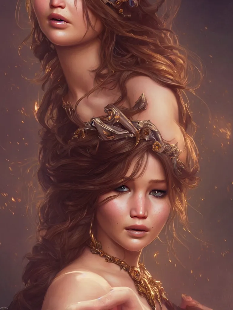 Image similar to Jennifer Lawrence, closeup, D&D, fantasy, intricate, elegant, highly detailed, digital painting, artstation, concept art, matte, sharp focus, illustration, hearthstone, art by Artgerm and Greg Rutkowski and Alphonse Mucha