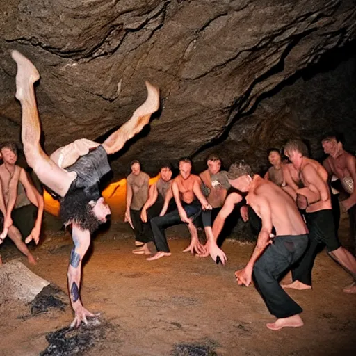 Prompt: a group of cavemen breakdancing in a cave lit by a fire.