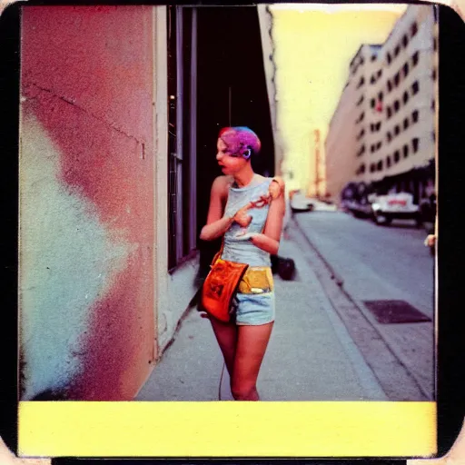 Prompt: colorful instant photograph of a short hair woman smoking in the street, leaning on the wall, polaroid, light leak, raw, nostalgic