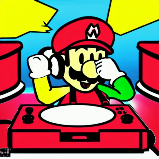 Image similar to svg sticker of a Pop-Wonder SuperMario, Mario-Wearing-a-red-hat, at a rave, spinning records, giant headphones rocking out, wearing headphones, huge speakers, dancing, rave, DJ, spinning records, digital art, amazing composition, rule-of-thirds, award-winning, trending on artstation, featured on deviantart