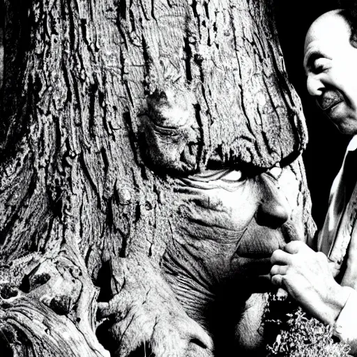 Image similar to the legend of Big Sir monster talking to a tree stump that has the face of Gilbert gottfried, film still