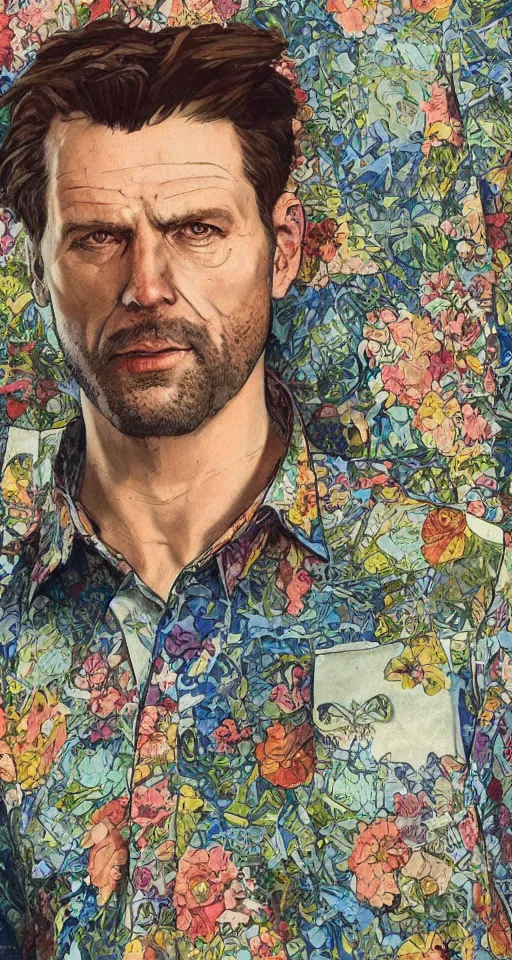 Image similar to close up of max payne floral shirt in a bar, sun shining, photo realistic illustration by greg rutkowski, thomas kindkade, alphonse mucha, loish, norman rockwell.