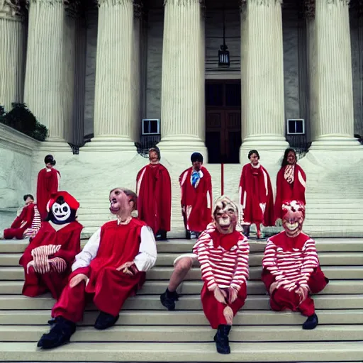 Prompt: Exactly 6 dressed as Clowns Exactly 3 in Justice Robes, sitting on the Supreme Court, 4K, Octane Render https://media.discordapp.net/attachments/1005627987435192381/1006954863948726304/supreme.jpg