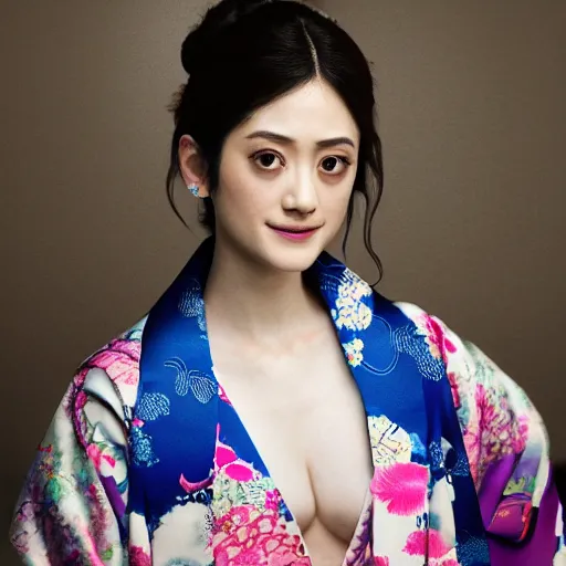 Image similar to Japanese Emmy Rossum wearing kimono, realistic, photo studio, HDR, 8k, trending on artstation