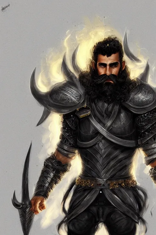 Prompt: Arab man light beard, curly hair, knight, hero, leather , yellow and charcoal, character concept art, costume design, black eyes, white horns, trending on artstation, Artgerm , WLOP