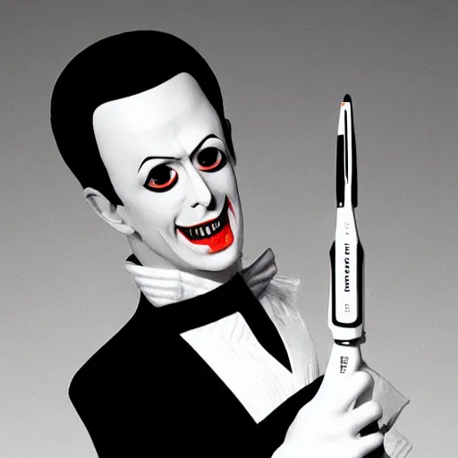 Prompt: a product photo ad featuring klaus nomi with a technical reed rollerball pen exacto knife by junji ito, ethereal eel