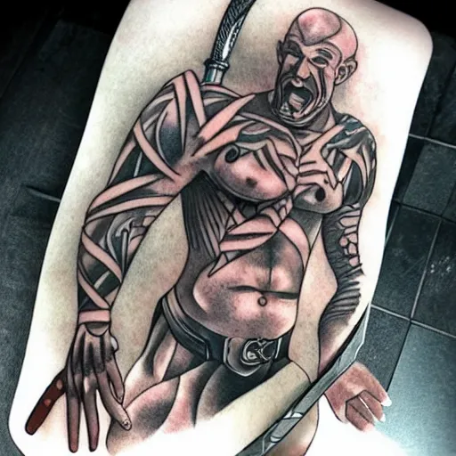 Image similar to muscular bald man, tattooed body, sword in hands, HD, anime style,