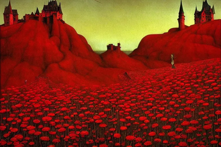 Image similar to only with red, red eyes, a red tiger, a castle in the background, medieval demons dance over the flowers, an ancient path, in the style of beksinski, part by hopper, part by rodcenko, part by hofbauer, intricate composition, red by caravaggio, insanely quality, highly detailed, masterpiece, red light, artstation