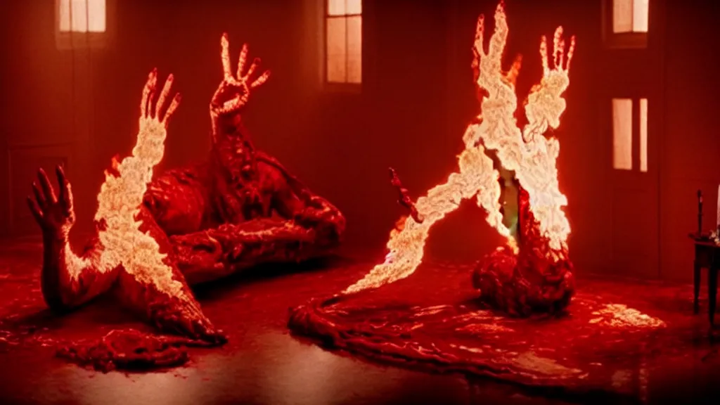 Image similar to a giant hand made of blood and fire floats through the living room, film still from the movie directed by Denis Villeneuve with art direction by Salvador Dalí, wide lens