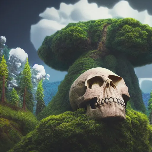 Image similar to giant floating skull mountain, surrounded by clouds, trees on scalp, waterfall, octane render, colored pencil