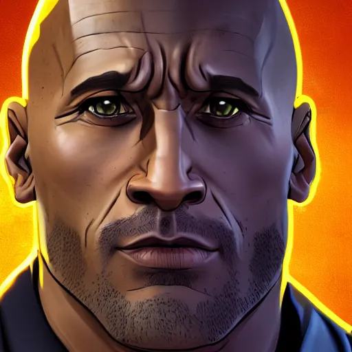 Image similar to dwayne douglas johnson portrait, borderlands, tales from the borderlands, the wolf among us, comic, cinematic lighting, studio quality, 8 k