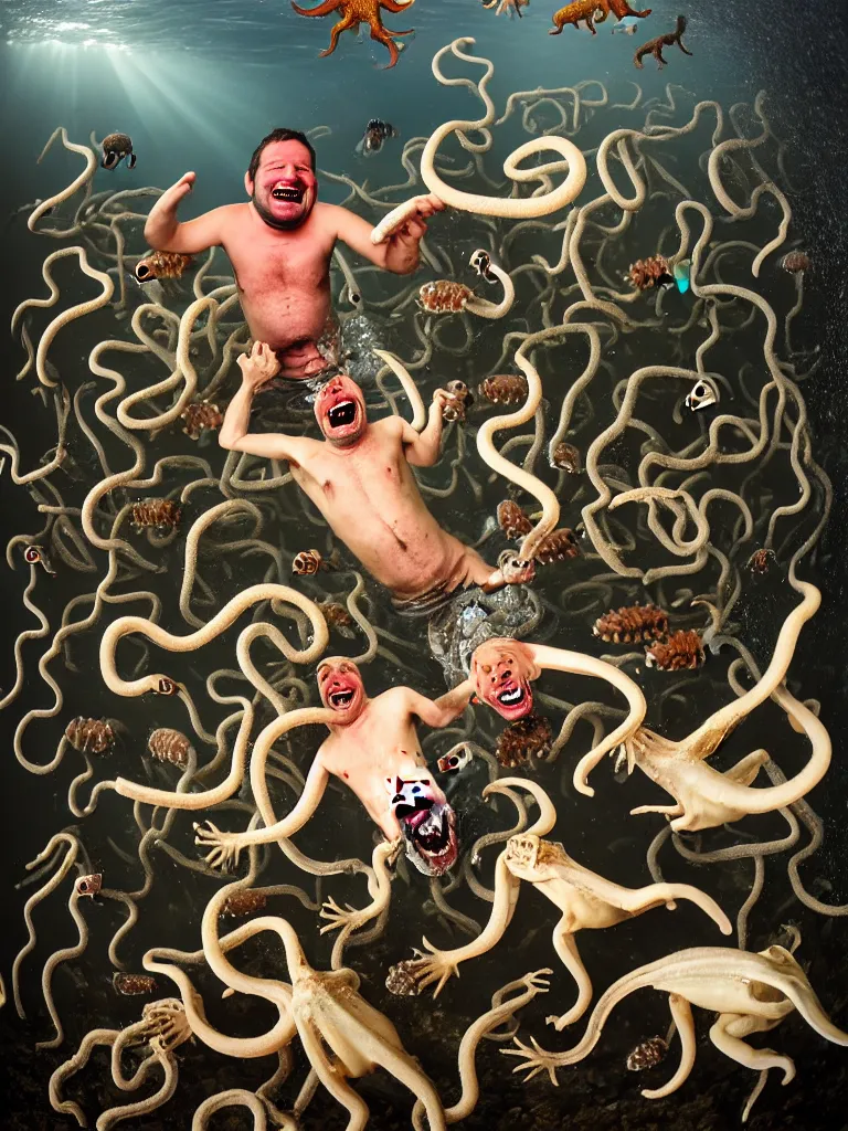 Image similar to a formal portrait photograph of a screaming man in the squally ocean swarmed by squids, dogs, baboons, and squirrels, the man's mouth is stuffed with bones and the water foams all over the gaff