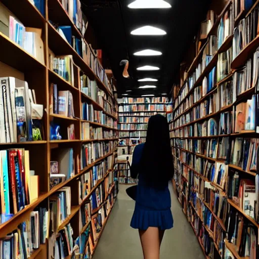 Image similar to At the end of the world, a high school girl browsing in a bookstore, Makoto Shinkai style