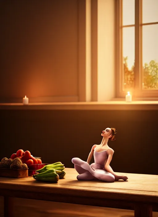 Image similar to a ballerina sitting on top of a wooden table, medieval concept art, cinematic lightning and colors, featured on cg society, photorealism, vray tracing, rendered in unreal engine, photorealistic, vegetables on table and candle, dark lightning, contrast shadows