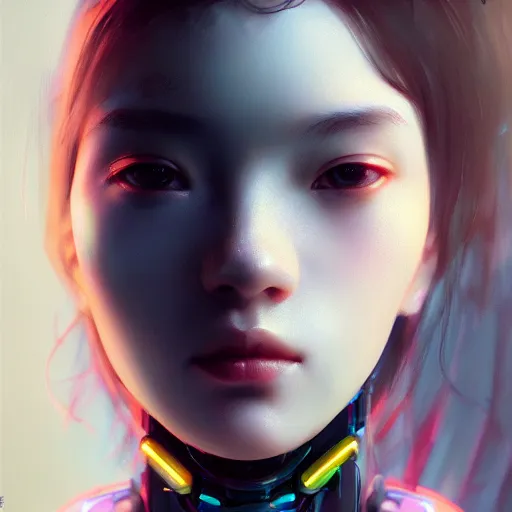 Image similar to portrait of beautiful girl with robot body by fenghua zhong and ruan jia, close up, portrait, cinematic, elegant, artstation, intricate, highly detailed, digital painting, artstation, concept art, sharp focus, illustration, cyberpunk, cgsociety, 8 k