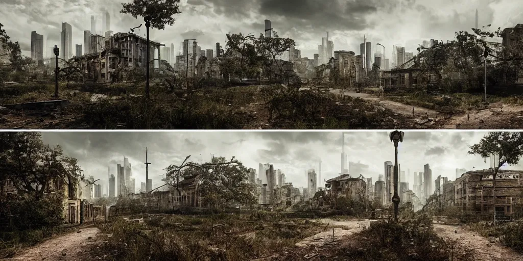 Image similar to abandoned city reclaimed by nature, cinematic shots, smooth light ing, happy, calm