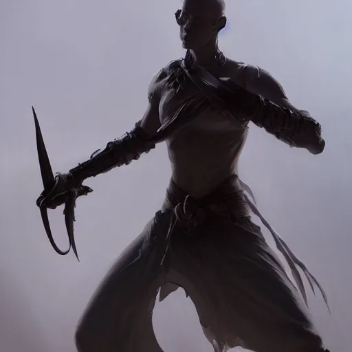 Image similar to long shot, fantasy painting of a pale man with a black blade, painted by Bayard Wu, ultra detailed, 8k