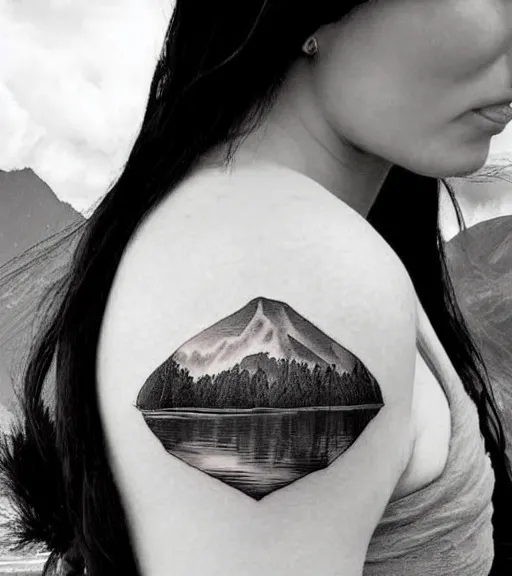 Prompt: a beautiful woman against a background of beautiful mountains and nature, realism tattoo design, in the style of den yakovlev, black and white, hyper realistic, highly detailed