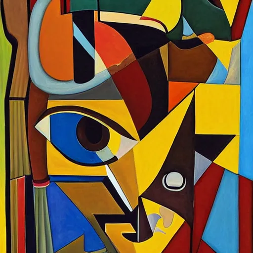 Image similar to A vividly detailed wide angle cubism painting of a illusory women sitting on an almost depthless flat chair with an African mask on her face looking angry, muted browns, yellows and blacks, digital art