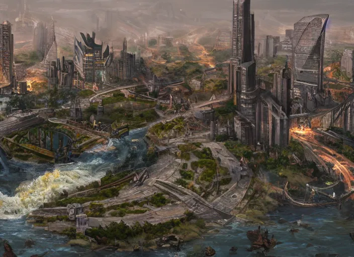 Prompt: wide shot, establishing shot of a modern day dungeons and dragons city with a river going through it, trending on artstation,