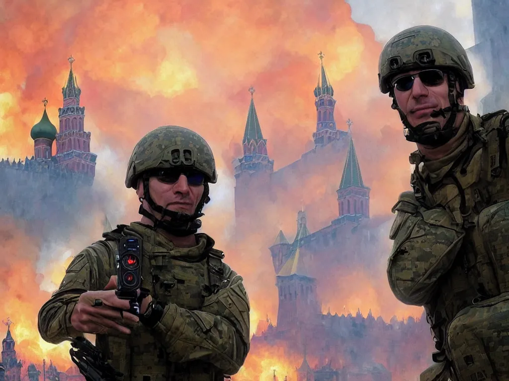 Image similar to special forces nato soldier with yellow shoulder patch takes selfie at red square kremlin burning in the background, d & d, fantasy, bright atmosphere, volumetric lights, intricate, elegant, extremely detailed, digital painting, artstation, concept art, matte, smooth, sharp focus, hyper realistic, illustration, art by artgerm and greg rutkowski and alphonse mucha