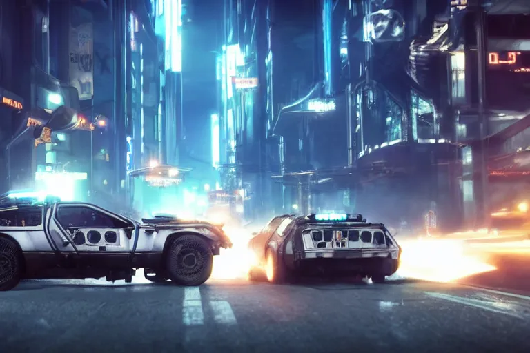 Image similar to photo of the back to the future combat delorean being chased by police on wet cyberpunk city streets at night, rocket league tank, mad max, action, speed, volumetric lighting, hdr, gta 5, makoto shinkai, syd mead, craig mullins, cinematic, fast and furious, octane, 8 k, iso 1 0 0, 1 2 mm