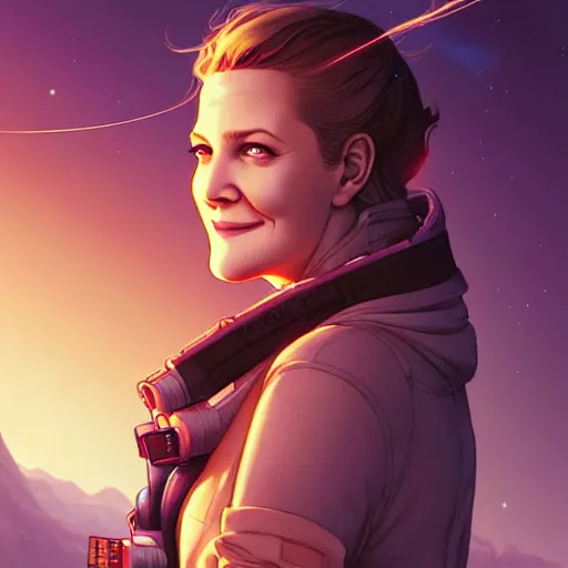 Prompt: drew barrymore inside smore!, bionic scifi, chocolate and graham cracker background, by charlie bowater, ross tran, artgerm, and makoto shinkai, detailed, inked, western comic book art