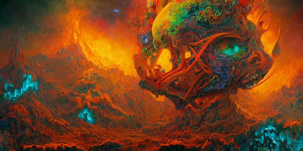 Image similar to gigantic psychedelic demonic cosmic skull of death and fire, outer space, fantasy painting, ultra realistic, dmt, symmetrical, wide angle, art nouveau, intricate details, digital painting, rainbowshift, vivid colors, highly detailed by peter mohrbacher, h. r. giger, maxfield parrish, craig mullins, octane render, cgi