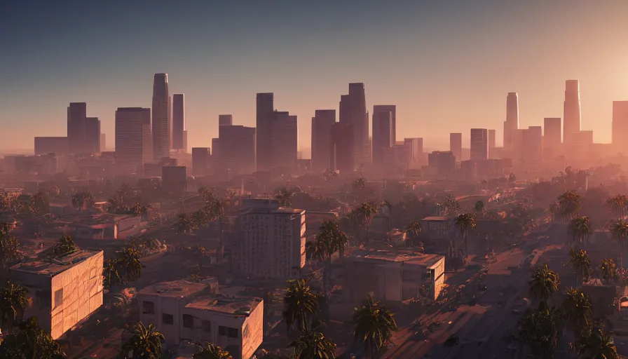 Prompt: abandoned los angeles at sunrise, sun between damaged buildings, volumetric light, wide view, calm, hyperdetailed, artstation, cgsociety, 8 k